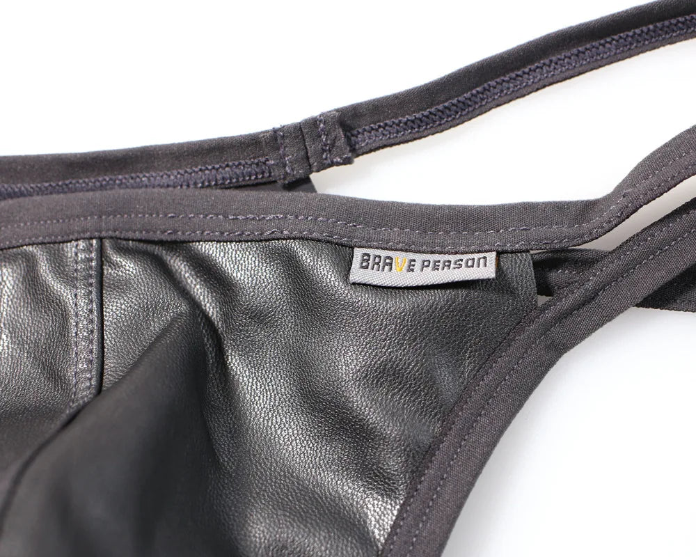 BRAVE PERSON Men Briefs Sexy Underwear Men Thongs  Imitation Leather Fabric Double Belts Design Sissy Panties Thongs for Man