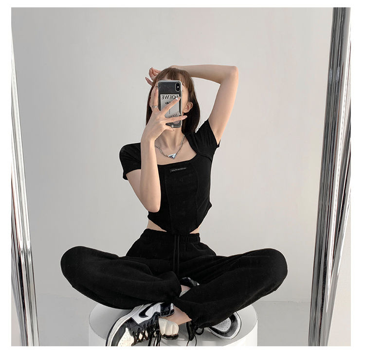 Curved Crop Tops Women Summer Square Collar Short Sleeve T-Shirt Fashion Slim Woman