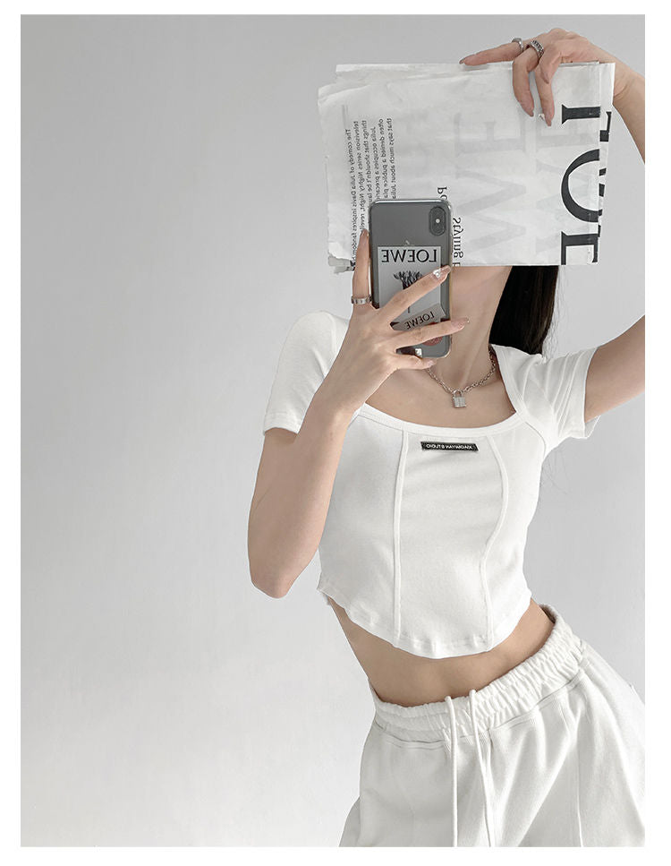 Curved Crop Tops Women Summer Square Collar Short Sleeve T-Shirt Fashion Slim Woman